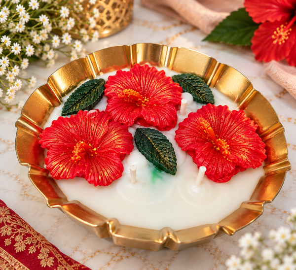 Red Hibiscus Floral Bowl Urli Candle