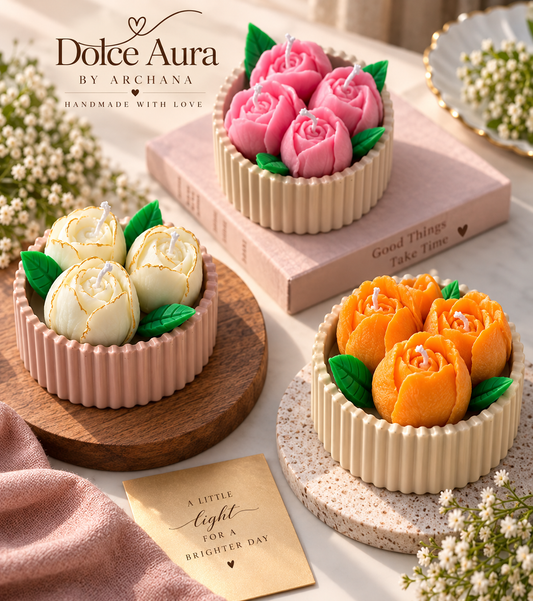 Premium Dolce Aura Bloom Pot – Handcrafted Rose Candle