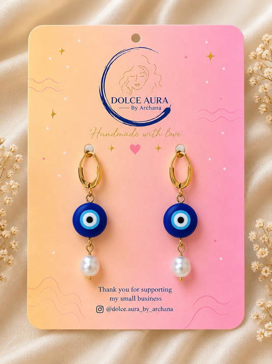 Handmade Evil Eye Pearl Hoop Earrings | Blue Polymer Clay Earrings | Lightweight Gold Hoop Earrings for Women