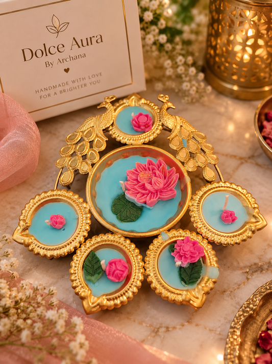 Royal Peacock Lotus Urli 6 Diya Set
