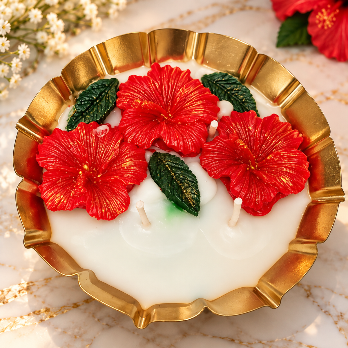 Red Hibiscus Floral Bowl Urli  Candle