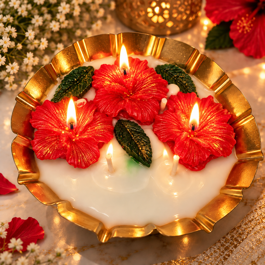 Red Hibiscus Floral Bowl Urli  Candle