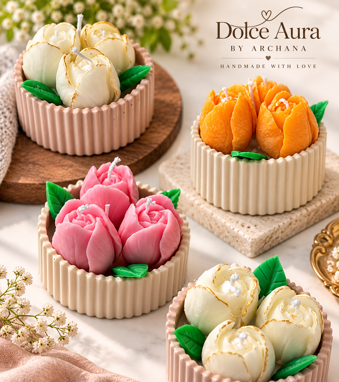 Premium Dolce Aura Bloom Pot – Handcrafted Rose Candle