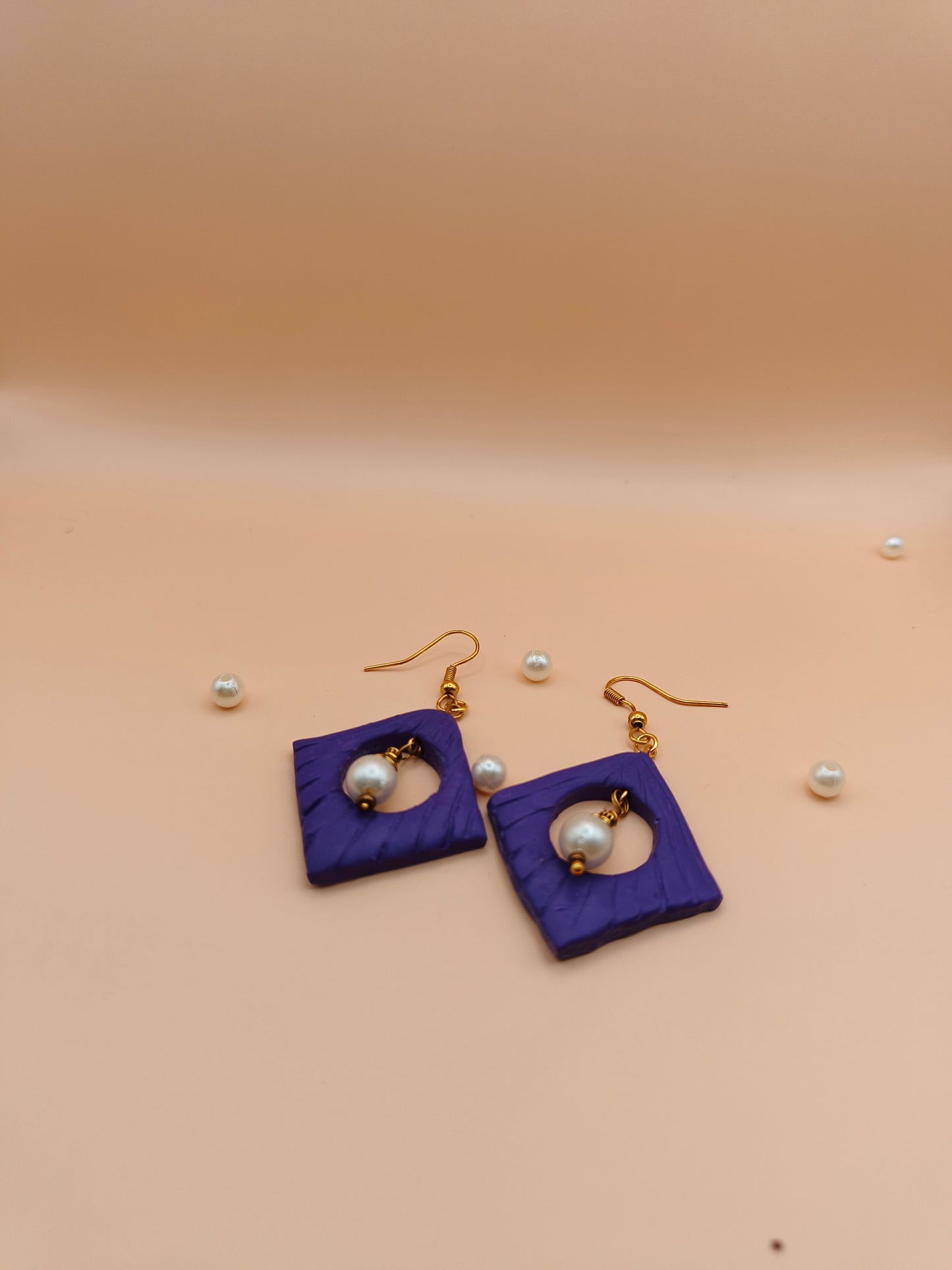 Violet diamond white pearl hanging Polymer clay earrings