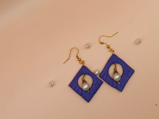 Violet diamond white pearl hanging Polymer clay earrings