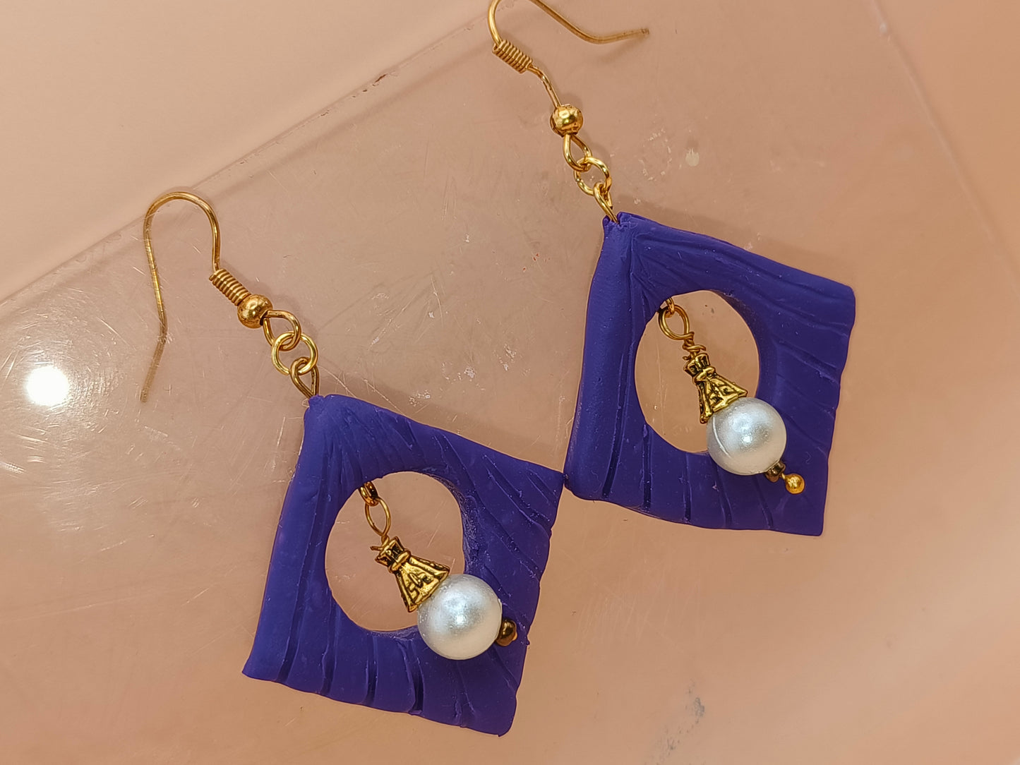 Violet diamond white pearl hanging Polymer clay earrings