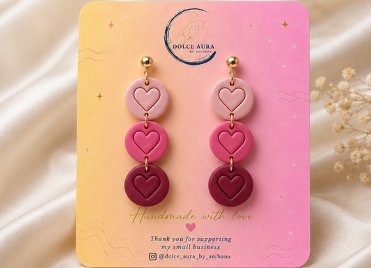 Handmade Triple Heart Polymer Clay Dangle Earrings | Pink Statement Earrings for Women