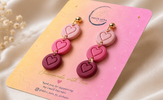 Handmade Triple Heart Polymer Clay Dangle Earrings | Pink Statement Earrings for Women